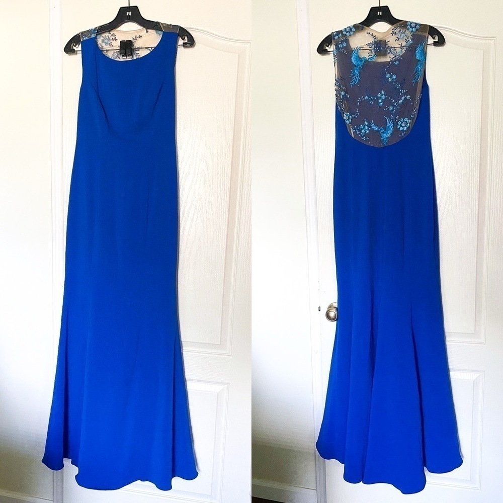 Marchesa Notte Dress‎ Floral Bird Embroidered Mesh Mermaid Maxi Blue 4 NWT
